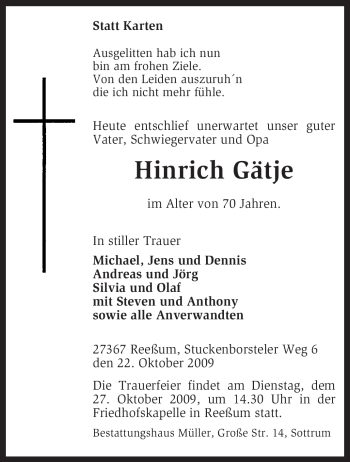 Traueranzeige von Hinrich Gätje von KREISZEITUNG SYKE