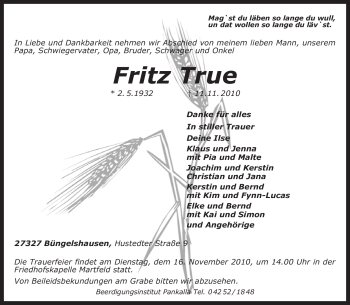 Traueranzeige von Fritz True von KREISZEITUNG SYKE