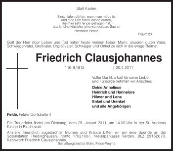 Traueranzeige von Friedrich Clausjohannes von KREISZEITUNG SYKE