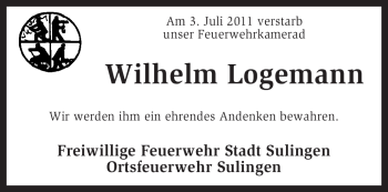 Traueranzeige von Wilhelm Logemann von KREISZEITUNG SYKE