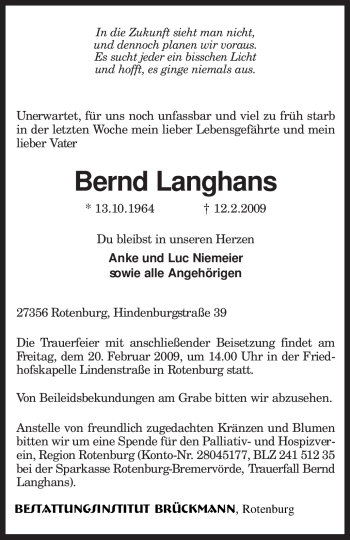 Traueranzeige von Bernd Langhans von KREISZEITUNG SYKE