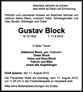 Traueranzeige von Gustav Block von KREISZEITUNG SYKE