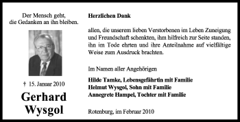 Traueranzeige von Gerhard Wysgol von KREISZEITUNG SYKE