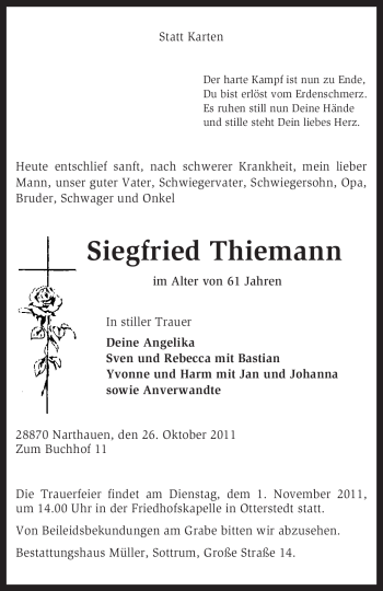 Traueranzeige von Siegfried Thiemann von KREISZEITUNG SYKE