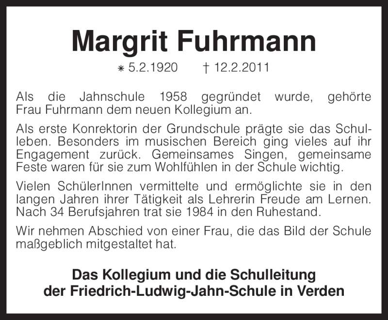  Traueranzeige für Margrit Fuhrmann vom 03.03.2011 aus KREISZEITUNG SYKE