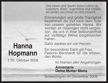 Traueranzeige von Hanna Hopmann von KREISZEITUNG SYKE