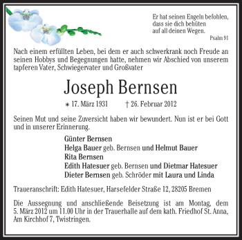 Traueranzeige von Joseph Bernsen von KREISZEITUNG SYKE