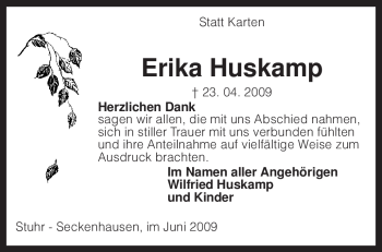 Traueranzeige von Erika Huskamp von KREISZEITUNG SYKE