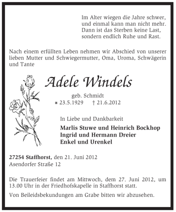 Traueranzeige von Adele Windels von KREISZEITUNG SYKE