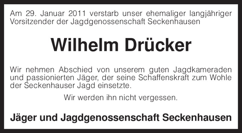  Traueranzeige für Wilhelm Drücker vom 02.02.2011 aus KREISZEITUNG SYKE