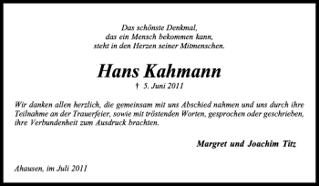 Traueranzeige von Hans Kahmann von KREISZEITUNG SYKE