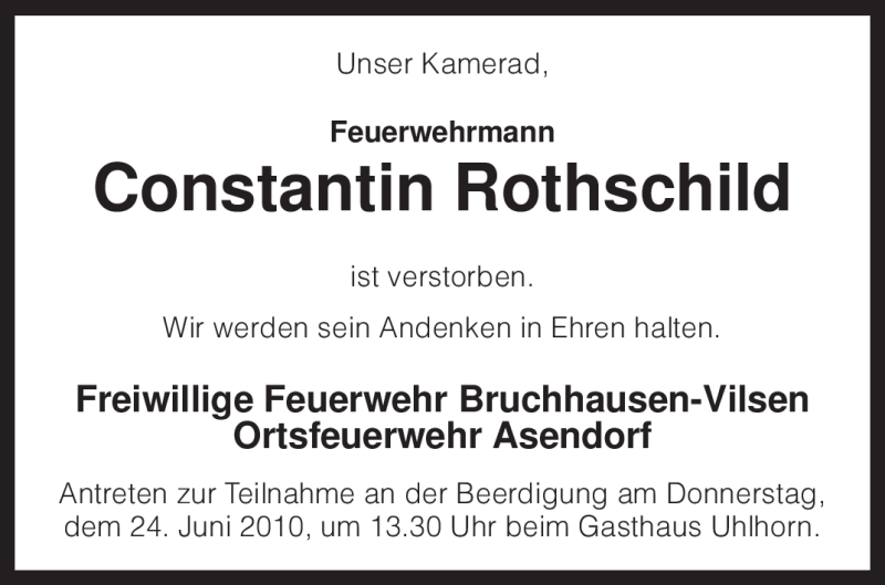  Traueranzeige für Constantin Rothschild vom 22.06.2010 aus KREISZEITUNG SYKE