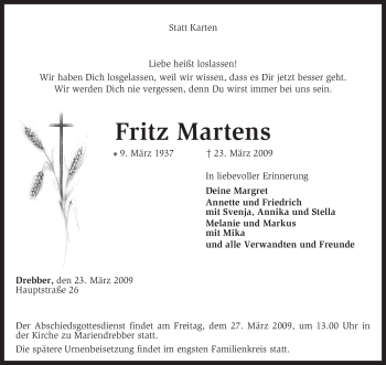 Traueranzeige von Fritz Martens von KREISZEITUNG SYKE