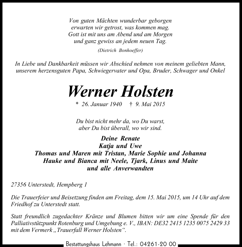  Traueranzeige für Werner Holsten vom 11.05.2015 aus KRZ