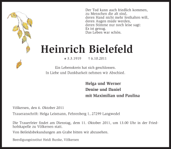 Traueranzeige von Heinrich Bielefeld von KREISZEITUNG SYKE