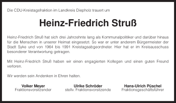 Traueranzeige von Heinz-Friedrich Struß von KREISZEITUNG SYKE