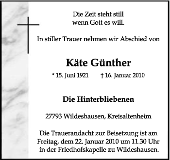 Traueranzeige von Käte Günther von KREISZEITUNG SYKE