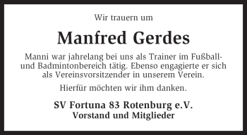 Traueranzeige von Manfred Gerdes von KREISZEITUNG SYKE