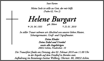 Traueranzeige von Helene Burgart von KREISZEITUNG SYKE