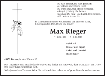 Traueranzeige von Max Rieger von KRZ