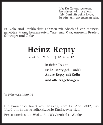 Traueranzeige von Heinz Repty von KREISZEITUNG SYKE