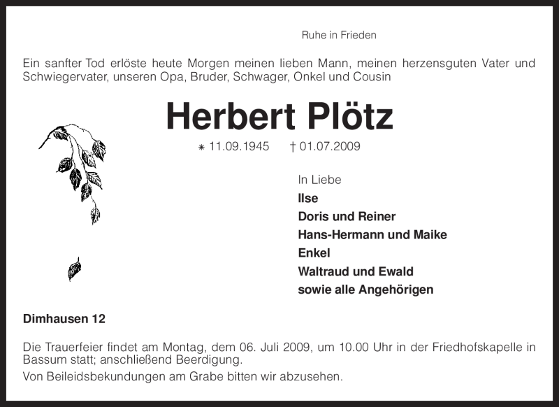  Traueranzeige für Herbert Plötz vom 02.07.2009 aus KREISZEITUNG SYKE