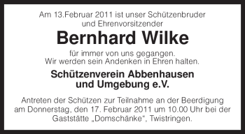 Traueranzeige von Bernhard Wilke von KREISZEITUNG SYKE