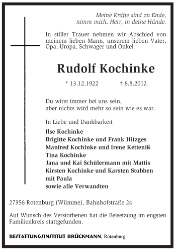 Traueranzeige von Rudolf Kochinke von KREISZEITUNG SYKE