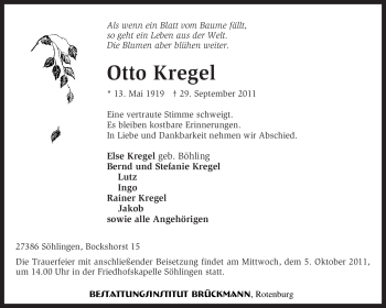 Traueranzeige von Otto Kregel von KREISZEITUNG SYKE