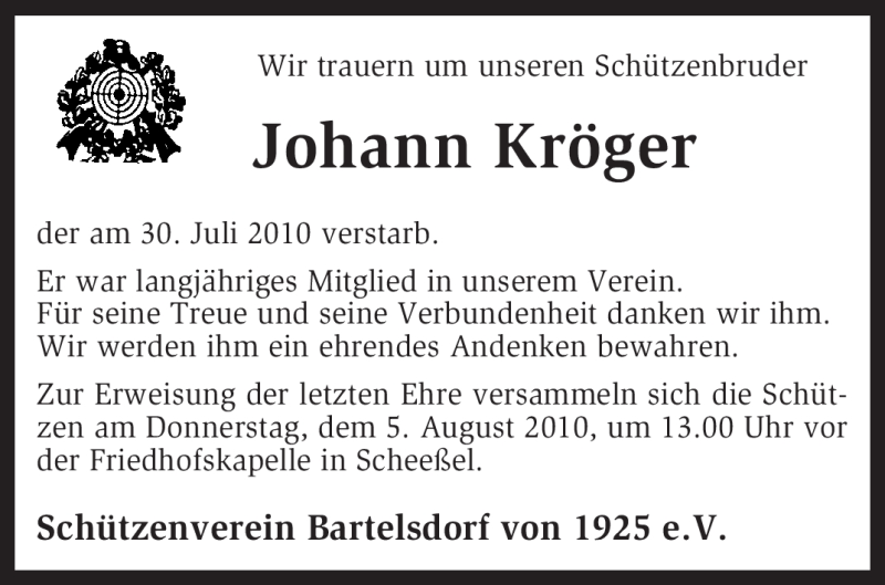  Traueranzeige für Johann Kröger vom 03.08.2010 aus KREISZEITUNG SYKE