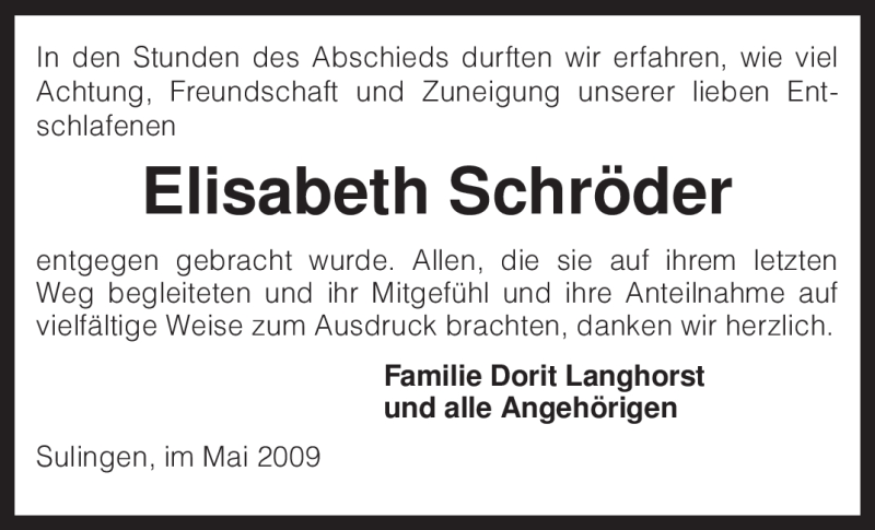  Traueranzeige für Elisabeth Schröder vom 06.06.2009 aus KREISZEITUNG SYKE