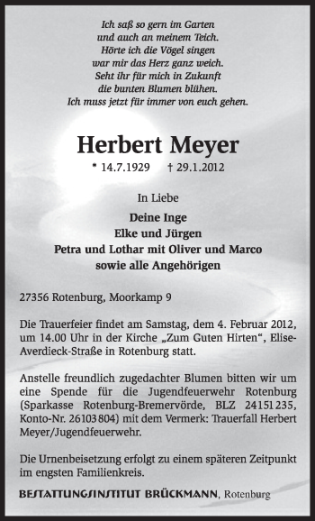 Traueranzeige von Herbert Meyer von KREISZEITUNG SYKE
