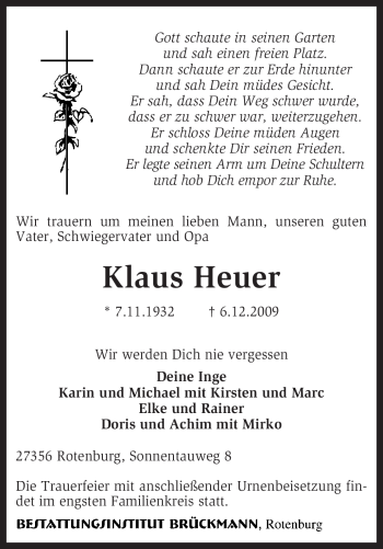Traueranzeige von Klaus Heuer von KREISZEITUNG SYKE