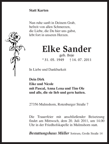 Traueranzeige von Elke Sander von KREISZEITUNG SYKE