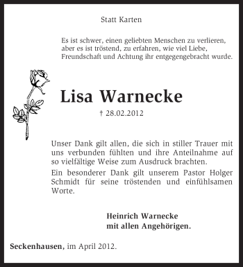 Traueranzeige von Lisa Warnecke von KREISZEITUNG SYKE