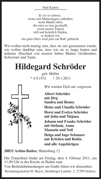 Traueranzeige von Hildegard Schröder von KREISZEITUNG SYKE
