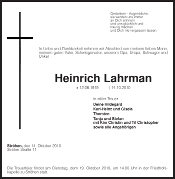 Traueranzeige von Heinrich Lahrman von KREISZEITUNG SYKE