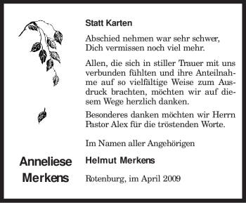 Traueranzeige von Anneliese Merkens von KREISZEITUNG SYKE