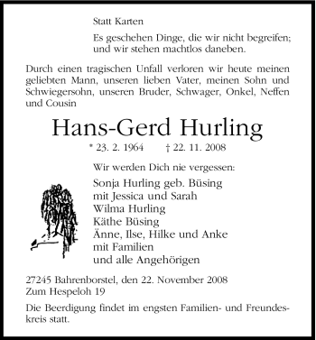 Traueranzeige von Hans-Gerd Hurling 