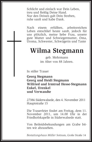 Traueranzeige von Wilma Stegmann von KREISZEITUNG SYKE