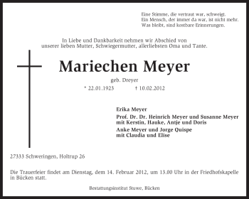 Traueranzeige von Mariechen Meyer von KREISZEITUNG SYKE