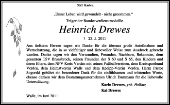 Traueranzeige von Heinrich Drewes von KREISZEITUNG SYKE