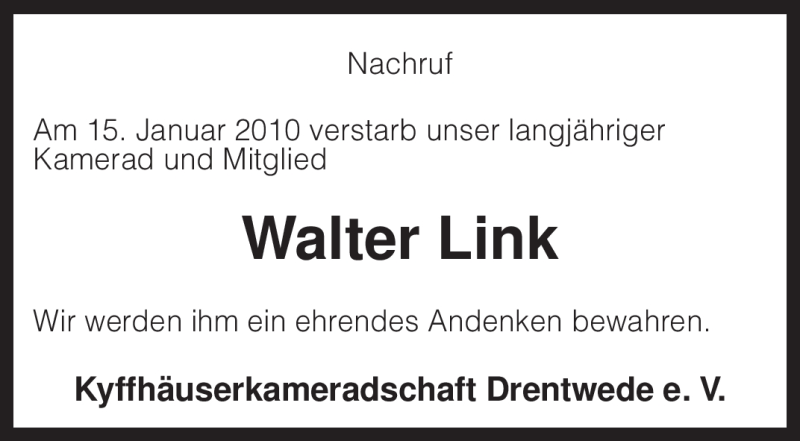  Traueranzeige für Walter Link vom 21.01.2010 aus KREISZEITUNG SYKE