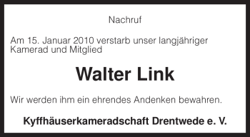 Traueranzeige von Walter Link von KREISZEITUNG SYKE