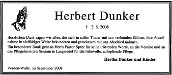 Traueranzeige von Herbert Dunker von KREISZEITUNG SYKE