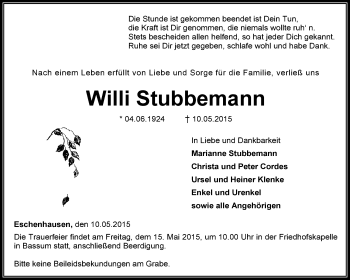 Traueranzeige von Willi Stubbemann von KRZ