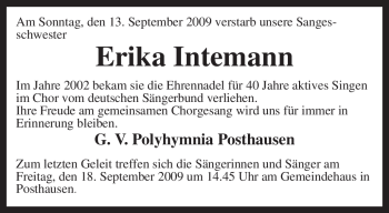 Traueranzeige von Erika Intemann von KREISZEITUNG SYKE