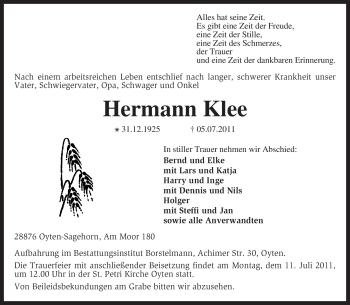 Traueranzeige von Hermann Klee von KREISZEITUNG SYKE