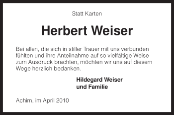 Traueranzeige von Herbert Weiser von KREISZEITUNG SYKE