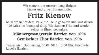 Traueranzeige von Fritz Kienow von KRZ